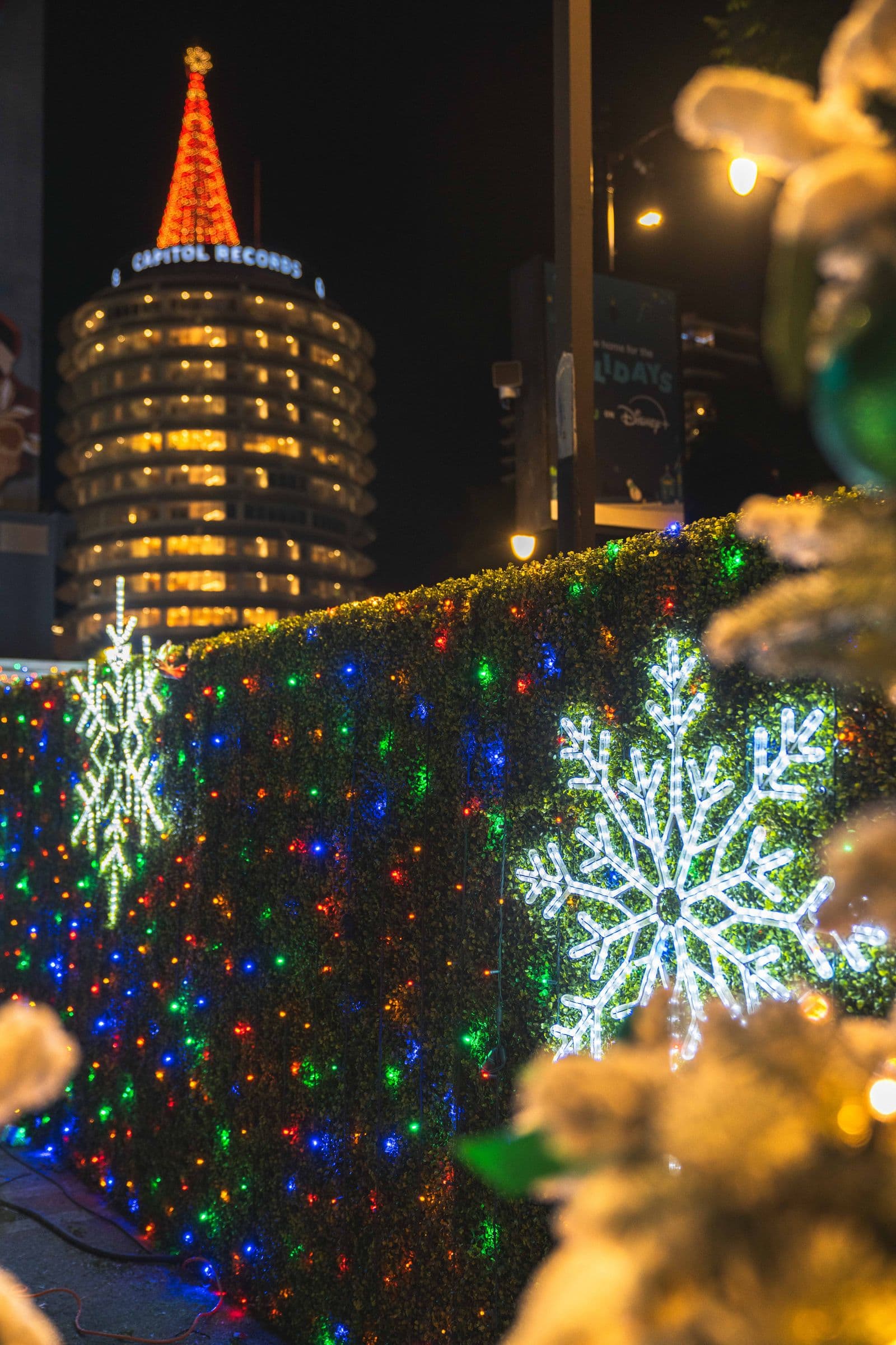 Large commercial holiday lighting display across a Southern California destination