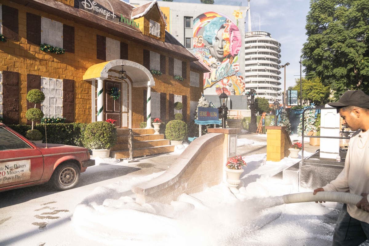 HLI crew installing a winter-themed experiential activation on Hollywood Boulevard