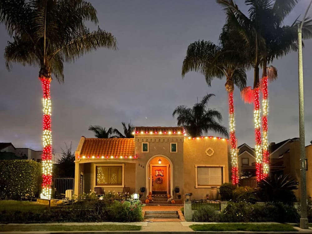 Southern California home and palm trees wrapped in a custom red and white lighting palette