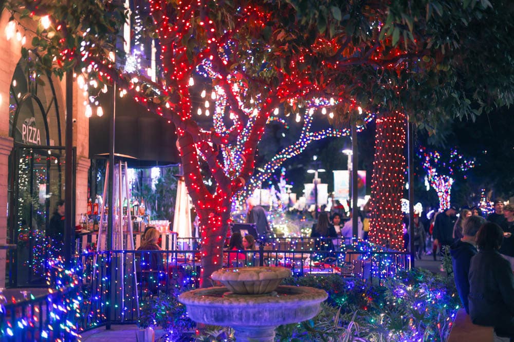 Commercial restaurant plaza illuminated with red, white, and blue holiday lights