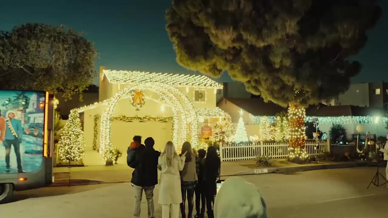 Holiday lighting installation glowing at night