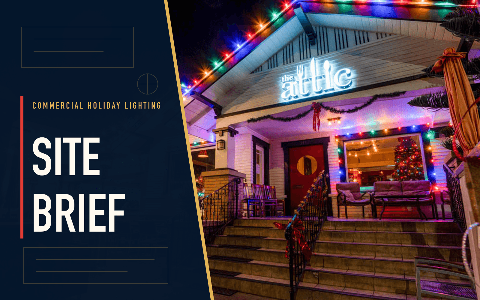 Holiday lighting installed across a commercial property with multiple planning zones