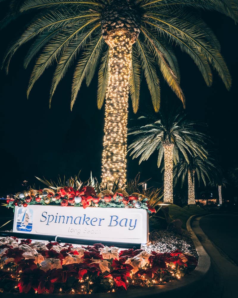 Spinnaker Bay Long Beach monument sign and palm trees decorated with holiday lights by HLI