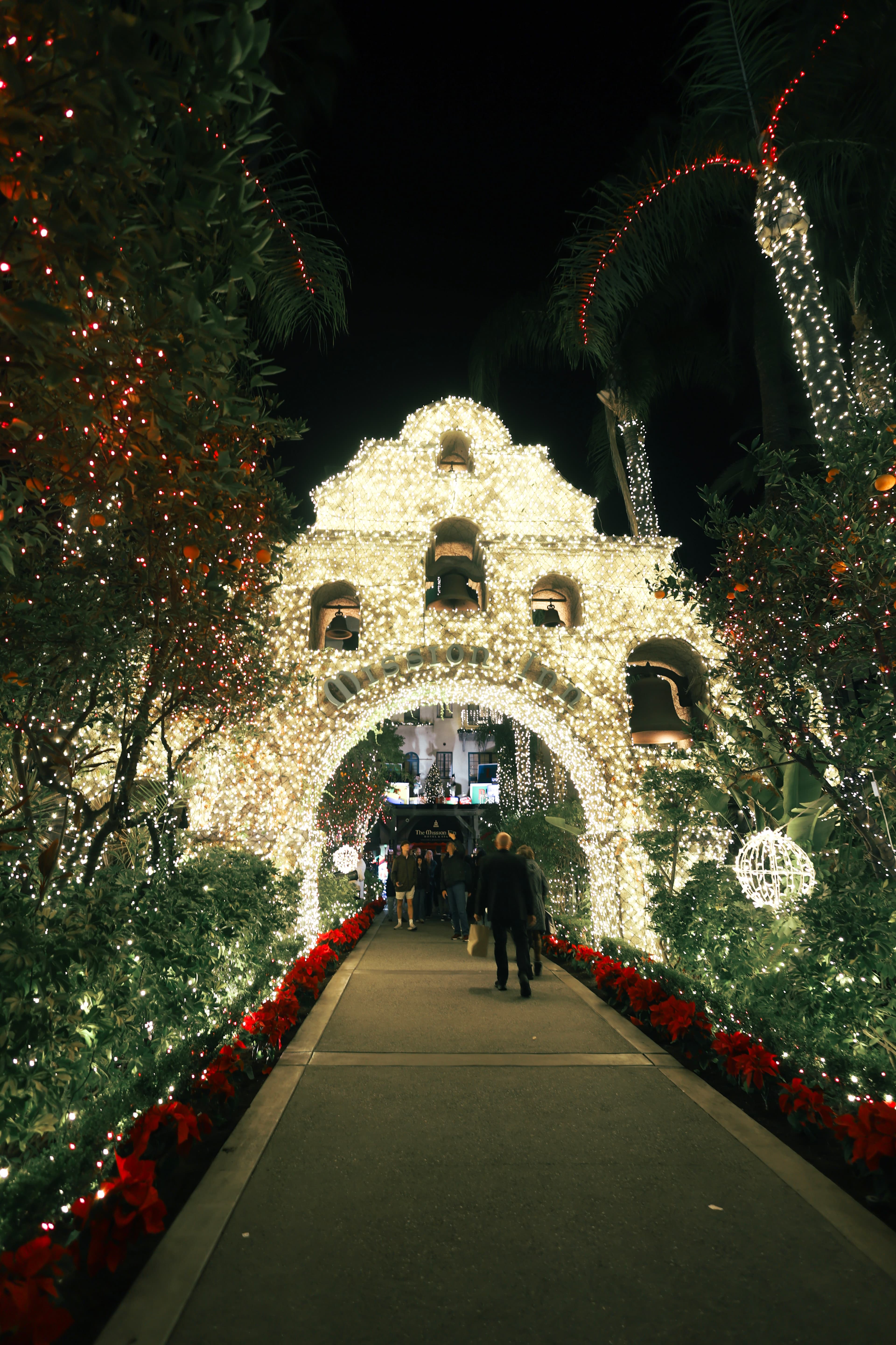 The Mission Inn's illuminated entrance during the holiday season in an HLI portfolio image